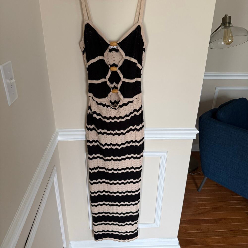 Seven Wonders Bohemian Vacation Style Zig-Zag Knit Ring Front MIDI Dress Summer - Picture 3 of 13